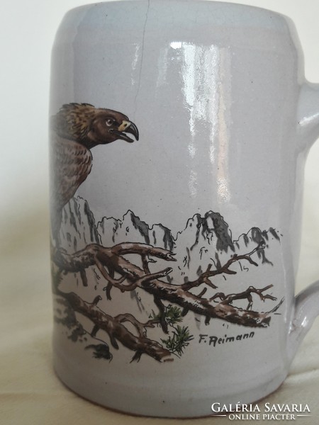Three glazed ceramic beer mugs, krigli, wooden halberd, wall decoration for hunters, f. Reimann, eagle shell