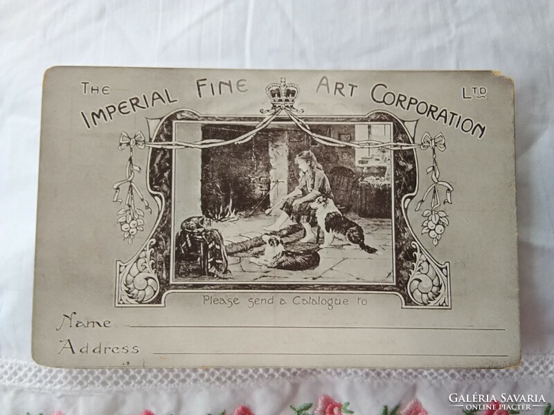 Antik angol reklámlap, 'A birodalmi Képzőművészeti Vállalat reklámlapja, kislány kutyákkal 1900