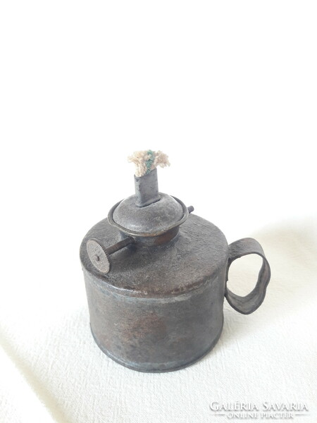 Antique old small metal iron vigil with petro candle, with wick, circa 1870, very rare piece