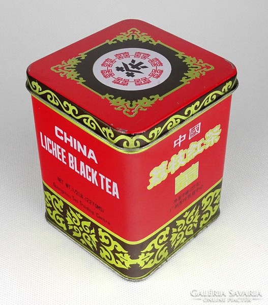 1J684 Régi kínai piros teás fémdoboz pléh doboz China Lichee Black Tea