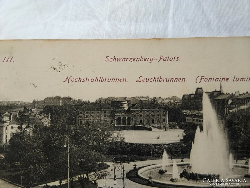 Antik osztrák képeslap/fotólap, Bécs Schwarzenberg palota, szökőkút, városkép 1911
