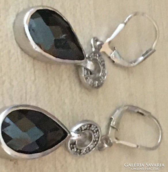 Silver earrings - with polygonal polished stone, small zircons - Hungarian metal and master-marked