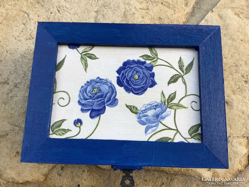 Decoupage blue rose gift box treasure chest box gift box