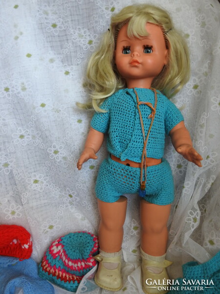 Old blue-eyed sleeping doll - marked doll with many clothes