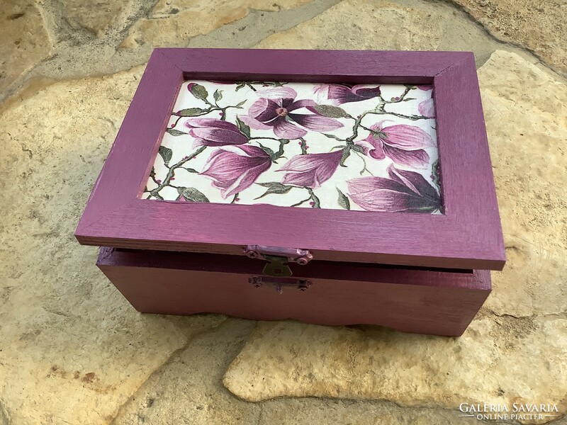 Decoupage dark mauve magnolia gift box treasure chest box