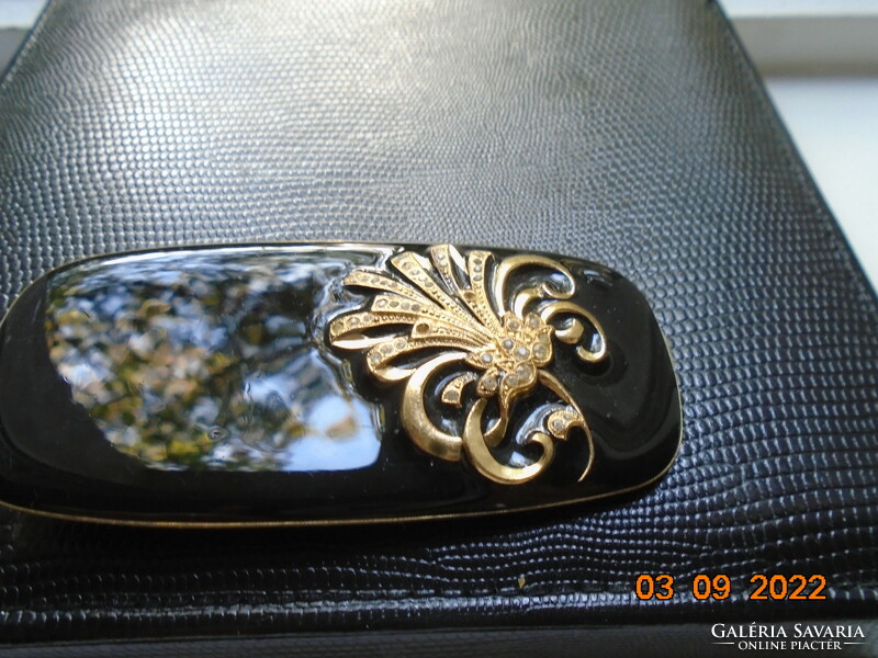 Designer art deco gilded black enamel dress jewelry, belt buckle with protruding stone spectacular flower