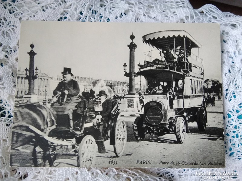 French reprint postcard Paris, omnibus, horse tooth, horse carriage, street view