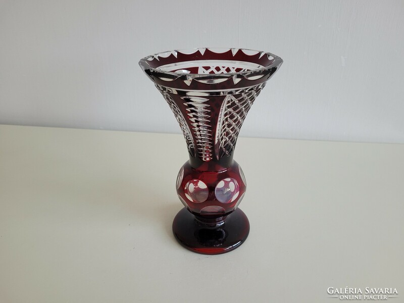 Old etched burgundy lead crystal base vase polished dot glass vase