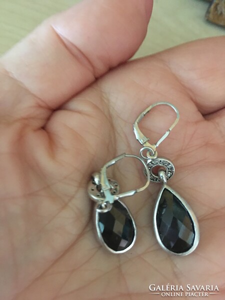 Silver earrings - with polygonal polished stone, small zircons - Hungarian metal and master-marked