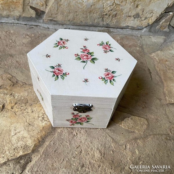 Decoupage pink antique white effect hexagonal gift box treasure chest box