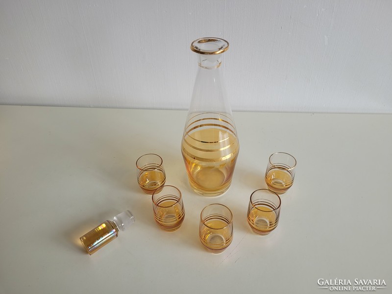 Retro old Czech glass drinking set gold-colored striped liqueur corked glass 6 pcs mid century