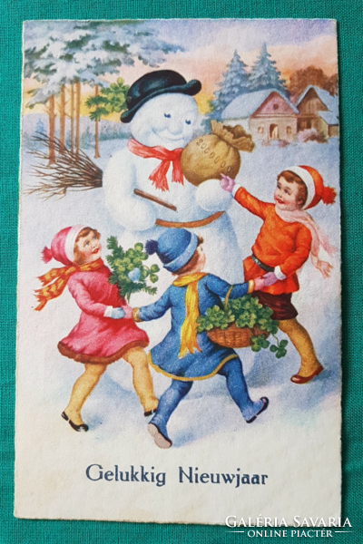 Antik karácsonyi képeslap, gyerekek, hóember, lóhere