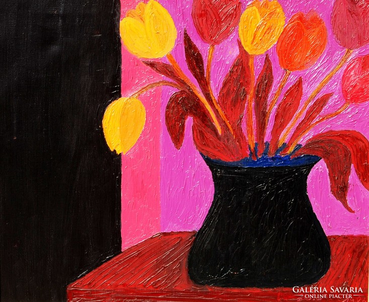 Floral still life in a modern style: tulips in a black vase, 1986 - oil on canvas painting, framed