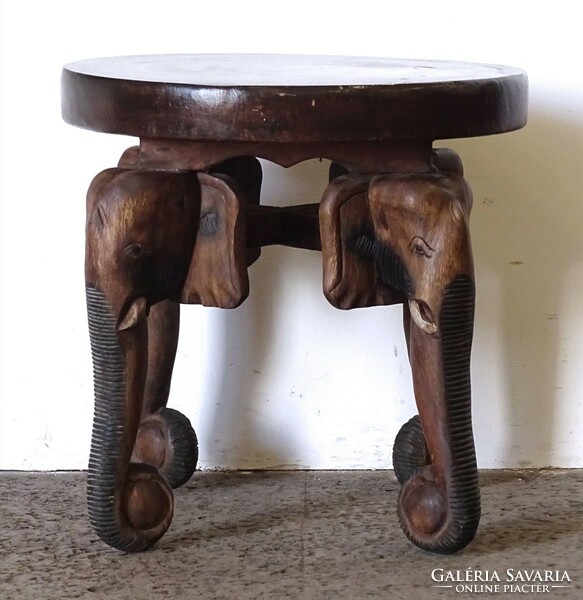 1K329 old carved small round table with elephant legs made of exotic oriental wood 50 x 50 cm