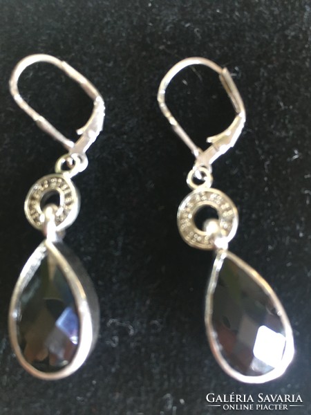 Silver earrings - with polygonal polished stone, small zircons - Hungarian metal and master-marked