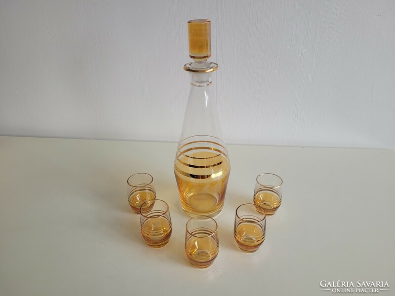 Retro old Czech glass drinking set gold-colored striped liqueur corked glass 6 pcs mid century