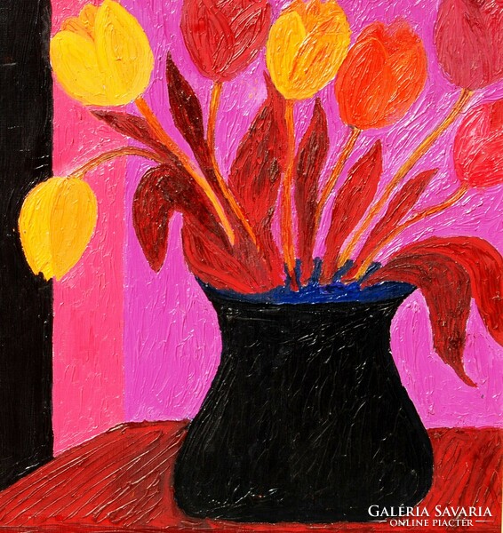 Modern stílusú virágcsendélet: Tulipánok fekete vázában, 1986 - olaj-vászon festmény, keretezve