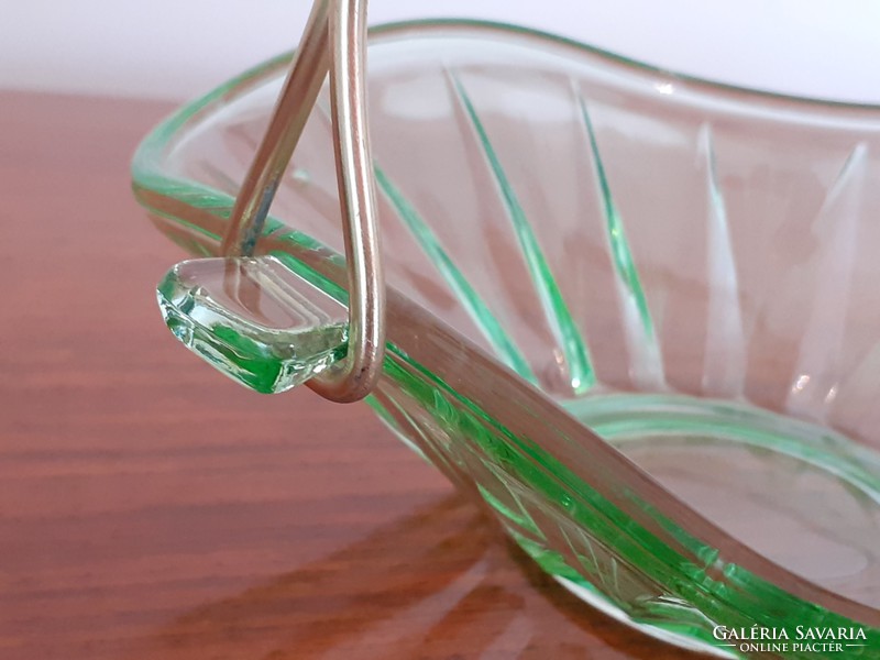 Retro colorful glass bowl with green handle, small decorative bowl