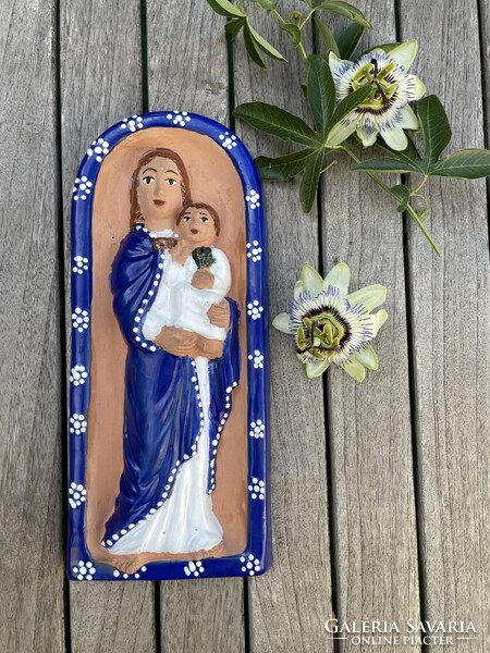 Ceramic painted naïve, folk representation of the Madonna and Child