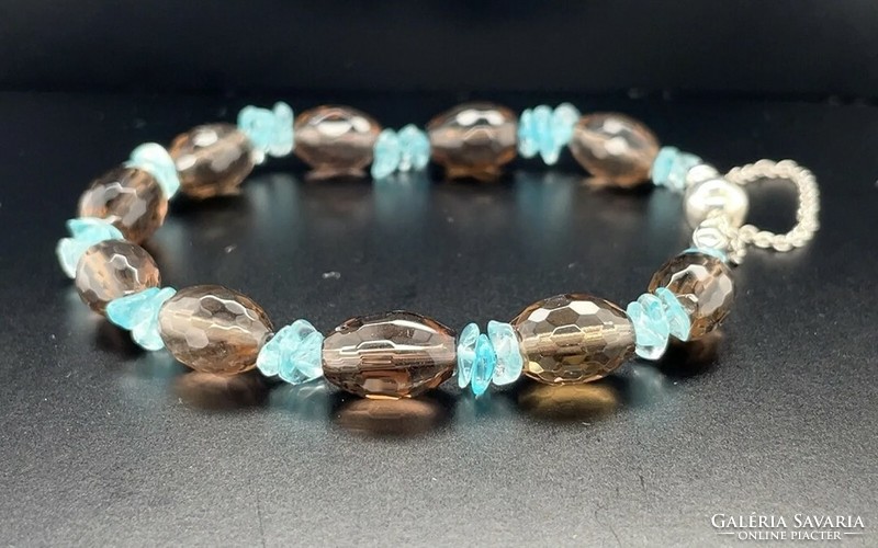 Smoky quartz - aquamarine gemstone bracelet, new with 925 sterling silver clasp