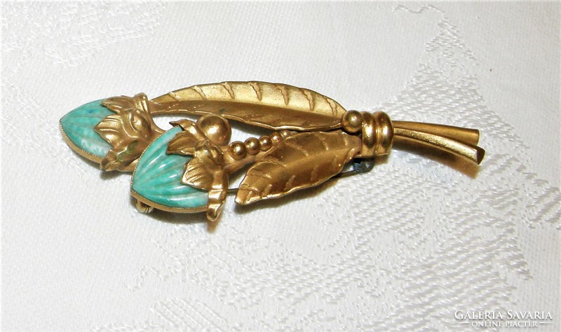 Antique fire-gilt Czech stone brooch, pin