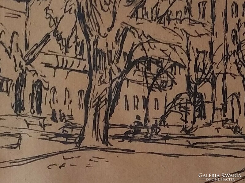 Rare! Béla Szalmás: in the park c. Original ink drawing from 1947