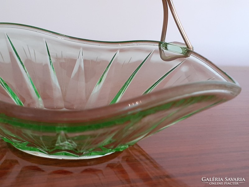 Retro colorful glass bowl with green handle, small decorative bowl
