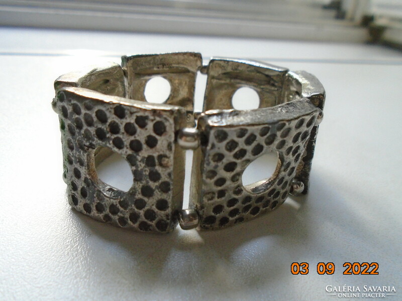 Art-deco designer silver-plated bracelet made of 6 rectangular elements with a hammered surface