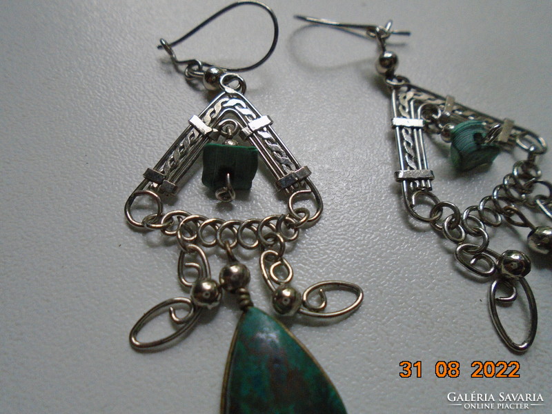 Chrysocolla (Peruvian turquoise) filigree silver earrings decorated with a polished teardrop and nugget