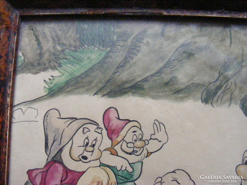 Régi szignózott "Nagy S"  akvarell üvegezve eredeti fakeretben - A hét törpe