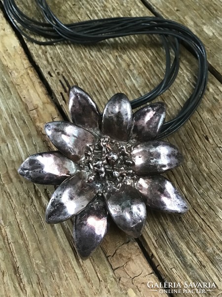 Large Israeli silver flower pendant with brooch necklace