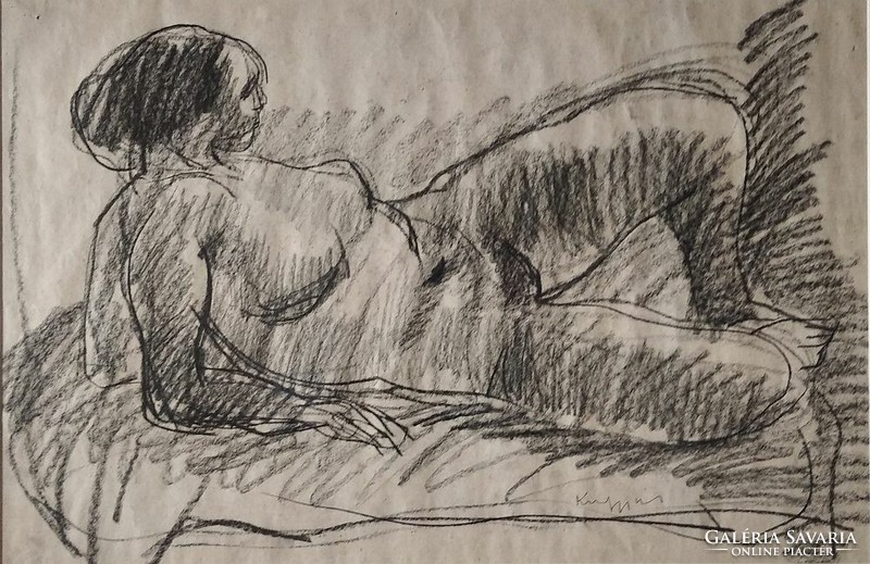 Gyula Konfár's large-scale charcoal drawing: reclining nude
