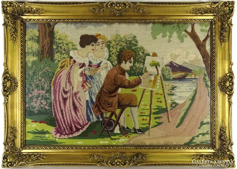 1K340 old large tapestry figure painter outdoors in blondel frame 76 x 108 cm