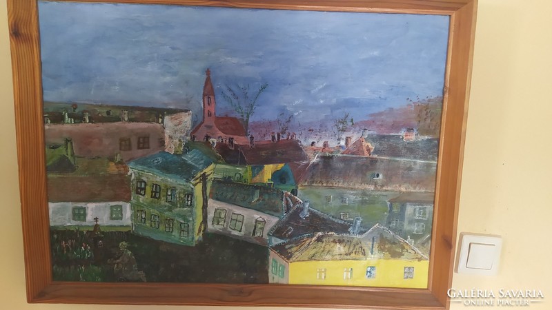 (K) Város vagy falukép festmény 55x75 cm szignózott