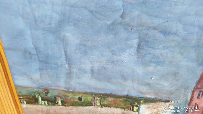 (K) Város vagy falukép festmény 55x75 cm szignózott