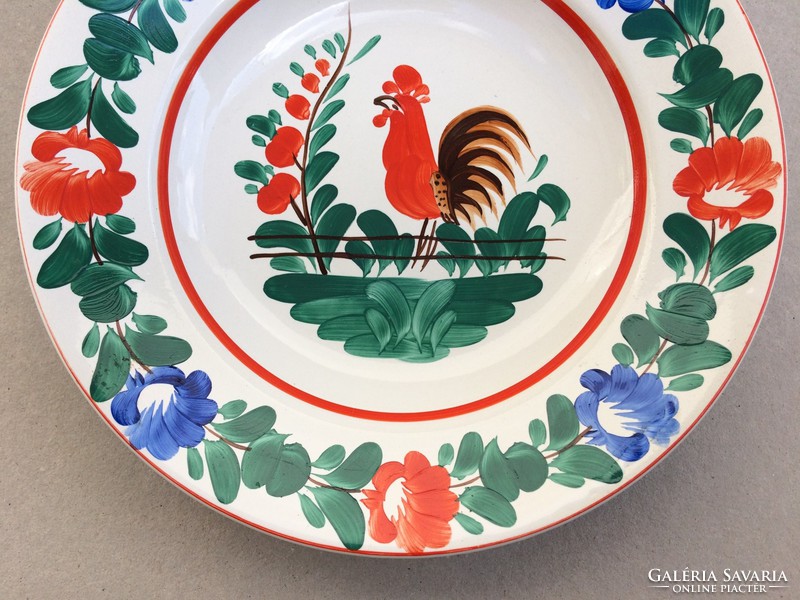 Granite rooster pattern plate, old marked faience decorative plate with rooster