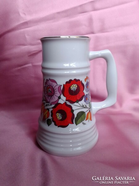 Large, 0.5 l, hand-painted Kalocsa porcelain beer mug, folk flower pattern, flawless, marked