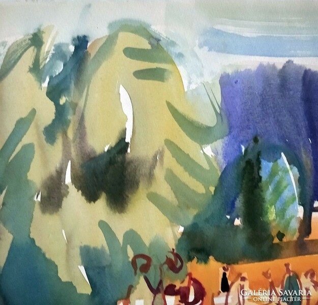 Litkei József: Gyulai strand c. gyönyörű, nagyméretű akvarellje a művész hagyatékából