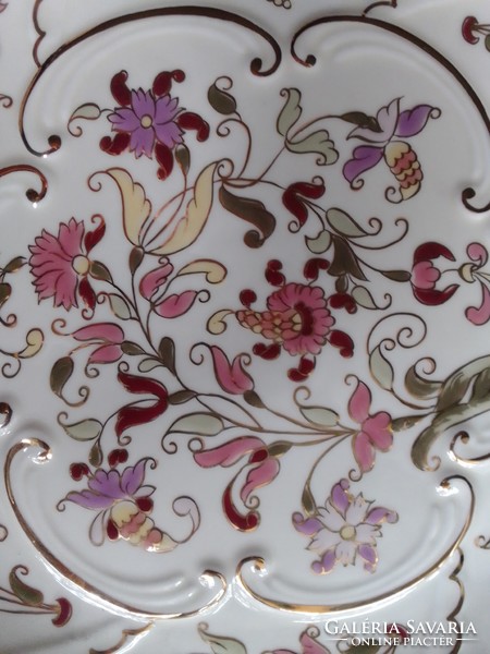 Zsolnay large wall bowl, plate, gold colored folk flower pattern ornament hand painted, brand new flawless