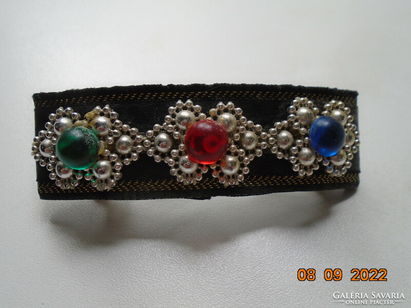 Oriental French hair clip with black ribbon and colored stone flowers