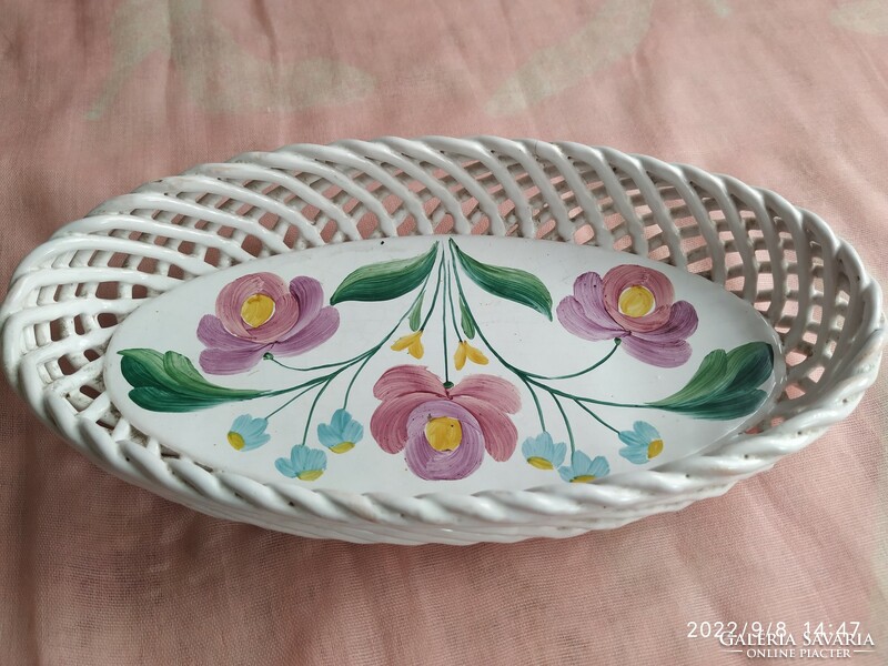 Bodrogkeresztúr hand-painted floral serving bowl for sale! Serving bowl with braided edge for sale!