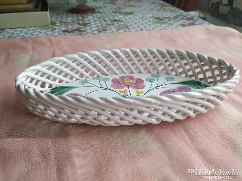 Bodrogkeresztúr hand-painted floral serving bowl for sale! Serving bowl with braided edge for sale!