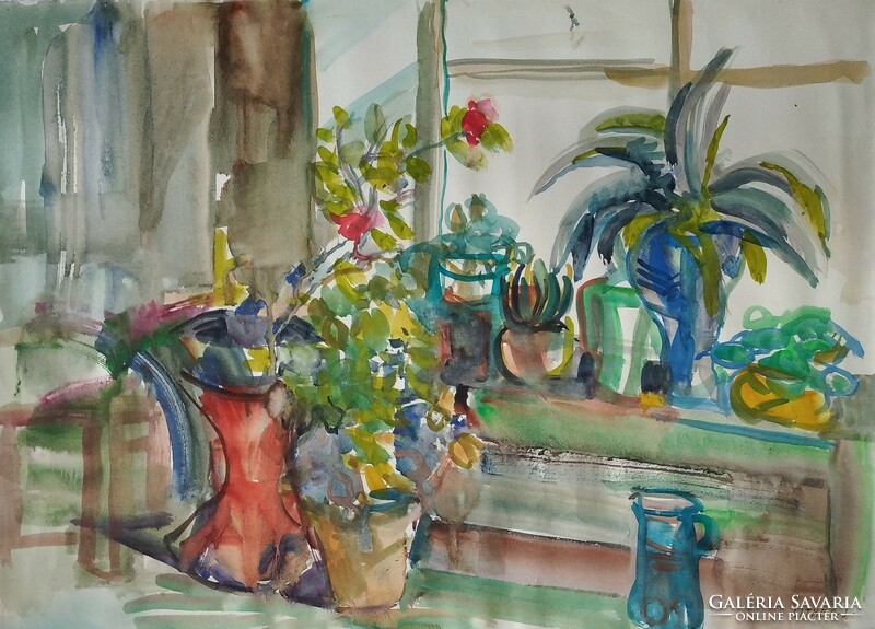 József Litkei: in a studio window c. Beautiful, large-scale watercolor from the artist's estate