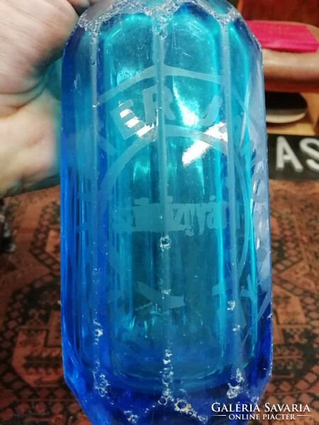 Szódásüveg, fél literes, Litter János szikvízgyára Villány, szép kék hibátlan üveg gyűjtőknek