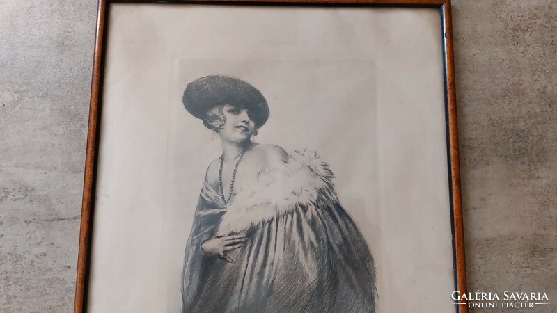 (K) signed etching of a beautiful lady with a 30x37 cm frame