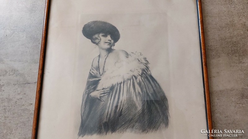 (K) signed etching of a beautiful lady with a 30x37 cm frame