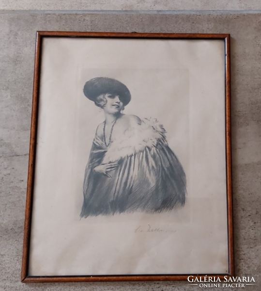 (K) signed etching of a beautiful lady with a 30x37 cm frame