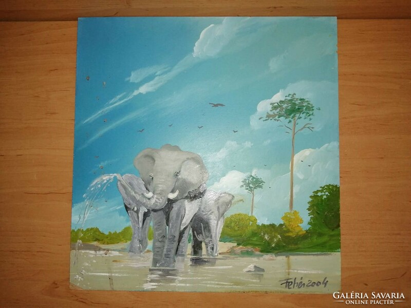 Elefántok festmény Fehér szigno 23*24,5 cm