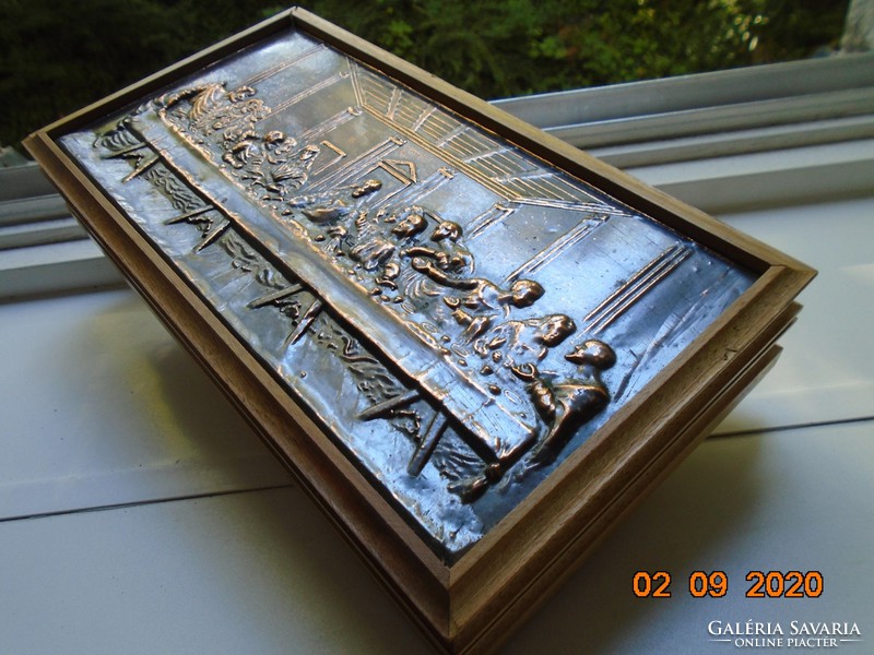 Last Supper wooden box with copper relief