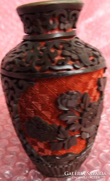 Kínai cinóber lakk váza- virágmintával